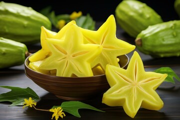 Tangy Star fruit carambola. Sweet and sour yellow ripe fruit dessert. Generate ai