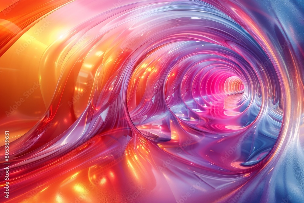 Poster a mesmerizing image showcasing a futuristic tunnel with a swirling design illuminated by vibrant, co