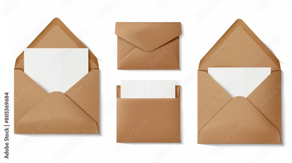 Poster a4 brown envelopes template set with blank closed and open craft paper covers, vertical letter packa