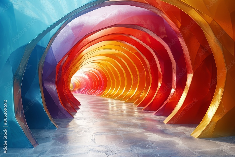 Poster a digital art representing an abstract tunnel with arches in warm tones transitioning from blue to f