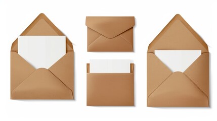 A4 brown envelopes template set with blank closed and open craft paper covers, vertical letter package with white sheet. Mock-up of folder for business documents and messages, 3D modern realistic