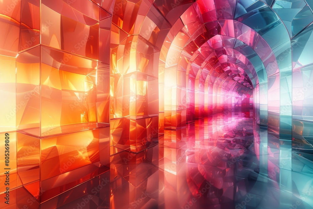 Poster this image features a captivating kaleidoscopic tunnel in gradient red and blue tones, creating dept