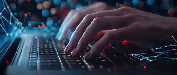 A closeup of the hand on top, with white polygonal wireframe lines drawn in the style of holographic and blue background, is typing text into laptop keyboard