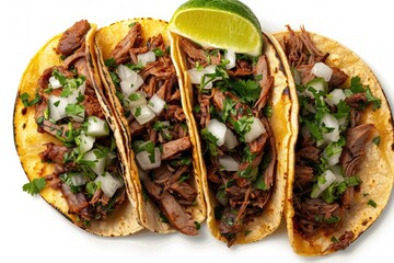 Top view of Mexican cuisine Tacos barbacoas set apart on a clear, white backdrop. Generative Ai