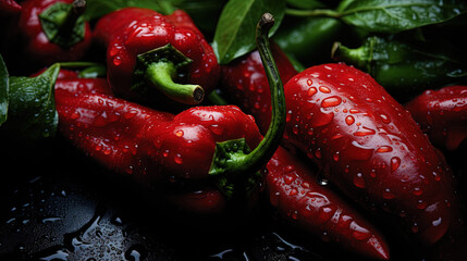 Spicy Fresh Red Chilly Peppers Seamless Texture Water Drops On It on Blurry Background