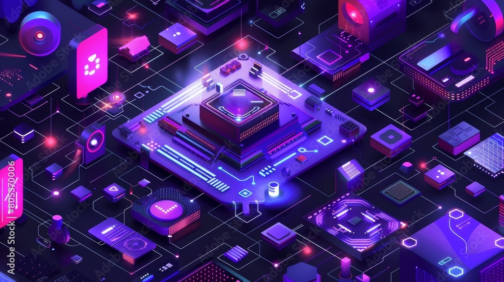 Poster an artificial intelligence isometric webpage with a circuit processor chip, and the internet of thin