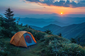 Campsite on a mountain plateau, sunset hues, panoramic view