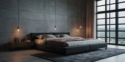 The modern bedroom interior design and concrete wall texture background