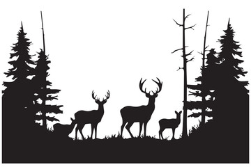 Black silhouette of deer family with baby and forest fir trees wildlife adventure