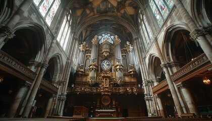 Naklejka premium Choir singing in a grand cathedral, wide angle, stained glass backdrop