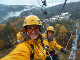 A couple of individuals enjoying a thrilling ride on a zip line through a scenic outdoor setting
