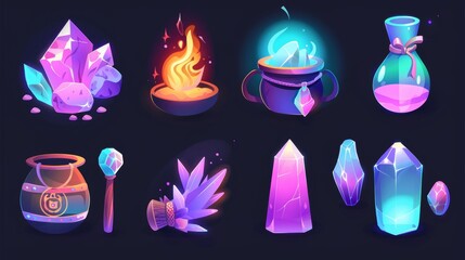 The magical amulets, crystal, book of spells, and cauldron with boiling potion are Modern cartoon icons for a game about witchcraft or wizardry.