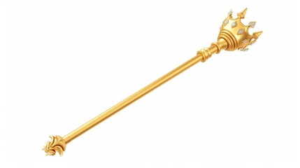 A golden sceptre symbolizes kings or queens. The royal wand represents monarchs. Isolated on white background, a golden coronation rod or mace represents imperial power. - obrazy, fototapety, plakaty