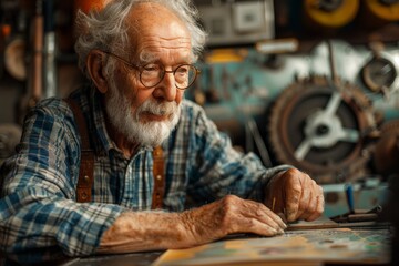 This image captures an elderly man engrossed in detailed handcrafting in his well-equipped workshop