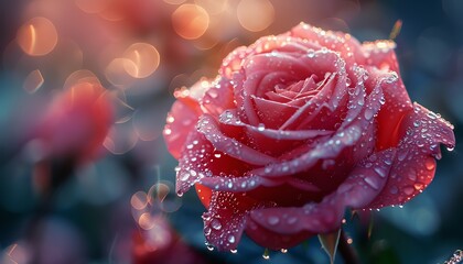 Closeup of a pink rose with dewdrops, serene mood, soft morning light