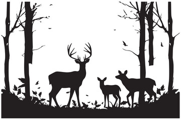 Black silhouette of deer family with baby and forest fir trees wildlife adventure