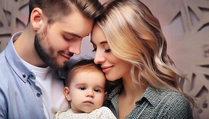 A serene portrait of parents with their happy, peaceful, and calm baby