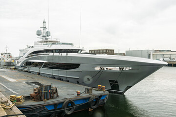 luxury yacht ship is moored at the quay of the harbor in IJmuiden, Netherlands