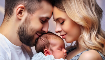 A serene portrait of parents with their happy, peaceful, and calm baby