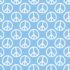 Vector seamless pattern with international symbol of pacifism, disarmament, world peace in simple doodle flat style. Simple blue background, texture