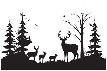 Black silhouette of deer family with baby and forest fir trees wildlife adventure