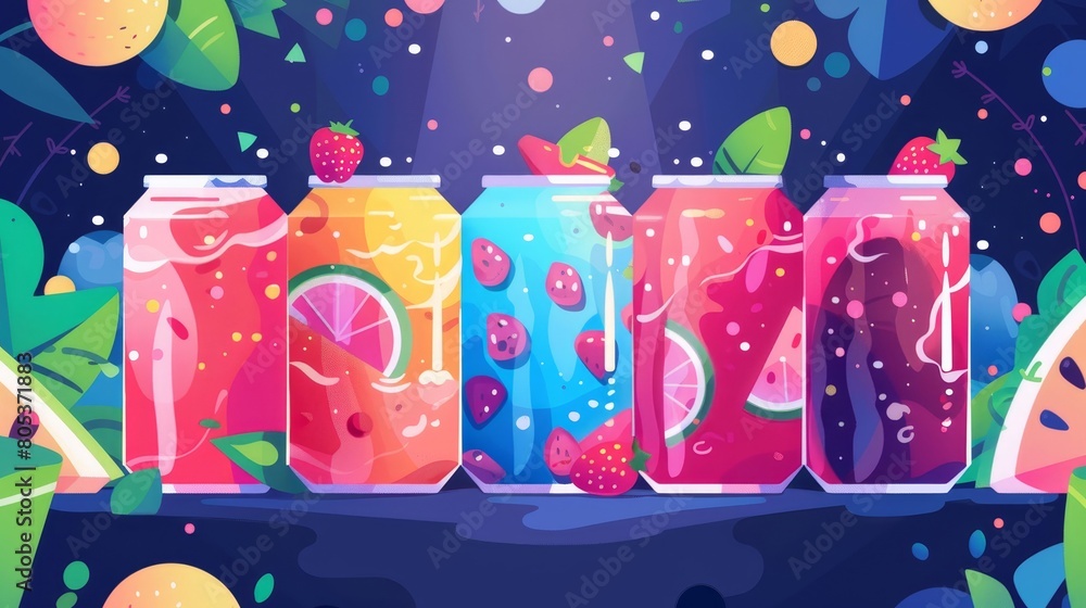 Poster this is a banner design for a website about fizzy drinks with fruits juice. it features a flat illus