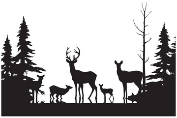 Black silhouette of deer family with baby and forest fir trees wildlife adventure hunting camping landscape panorama illustration icon for logo, isolated on white background