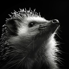 Black and white illustration with an animal - hedgehog. 8K resolution.