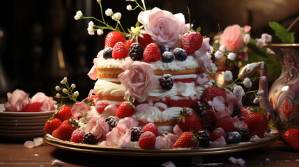 A Delicious Cake With Strawberries On Blurry Background