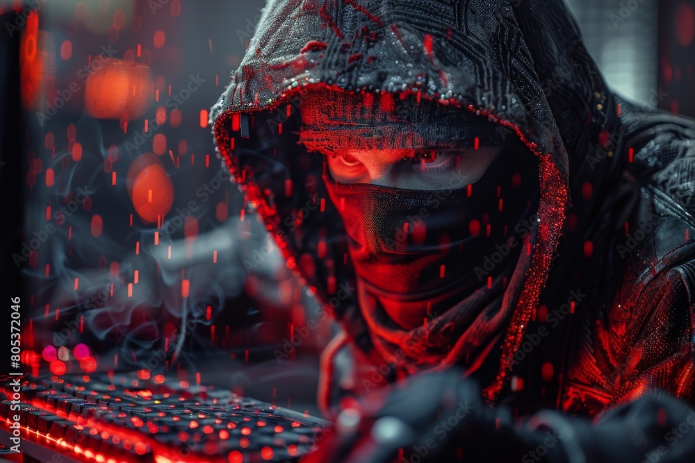 Poster an obscured face of a hacker types mysteriously, illuminated by the red glow of digital rain code, e