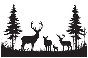 Black silhouette of deer family with baby and forest fir trees wildlife adventure hunting camping landscape panorama illustration icon for logo, isolated on white background