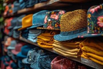 A diverse selection of hats and clothing items arranged on shelves