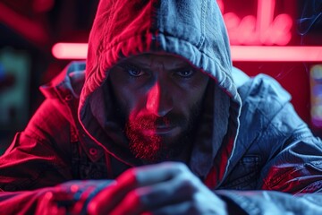 Mysterious person in a hooded jacket with backdrop illuminated by neon lights creates a secretive and urban atmosphere