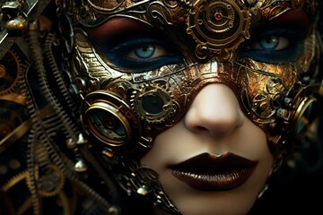 Mysterious Steampunk eye face. Costume gear art. Fictional person. Generate Ai