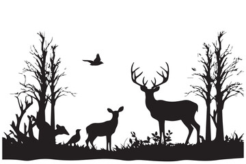 Black silhouette of deer family with baby and forest fir trees wildlife adventure hunting camping landscape panorama illustration icon for logo, isolated on white background