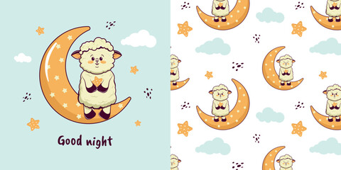 Children's seamless pattern with a funny lamb. Good night children's design. Vector design for baby bedding, fabric, wallpaper, wrapping paper and more.