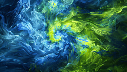 A vibrant and intense interplay of electric blue and lime green waves, swirling together in a dynamic display that brings to life the energy of a tropical storm.