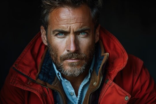 Close-up portrait of a rugged middle-aged man with a thoughtful expression, in a striking red jacket