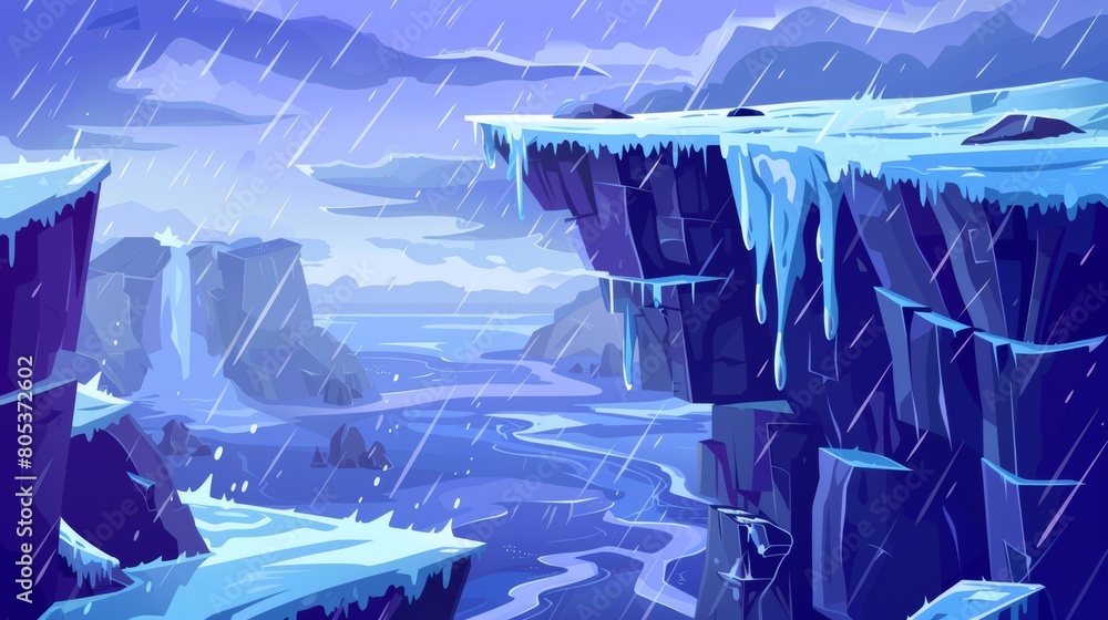 Poster a picture of a mountain landscape with rain and cliffs with dangerous gaps and ledges. illustration 