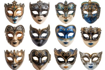 Set of cut-out masquerade masks from the Venetian Opera carnival. Generative Ai