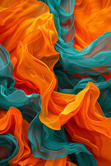 A vibrant and lively interaction of bright orange and deep teal waves, swirling together in a dynamic dance that captures the essence of a lively tropical reef.