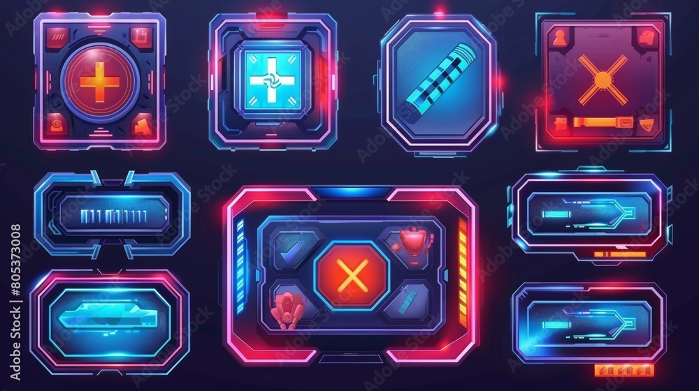 Poster a set of futuristic game ui elements with health, money, energy, check and cross marks. design eleme