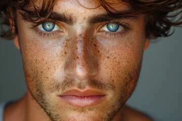 Fototapeta premium Striking close-up of a man's intense blue eyes and freckled face, emphasizing depth and emotion