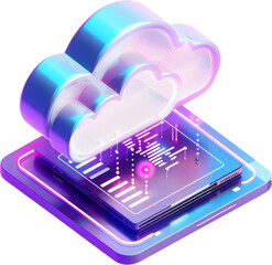 A computer screen transfers data to a cloud on it. The cloud is blue and white