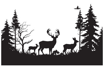 Black silhouette of wild forest woods animals deer and forest fir spruce trees