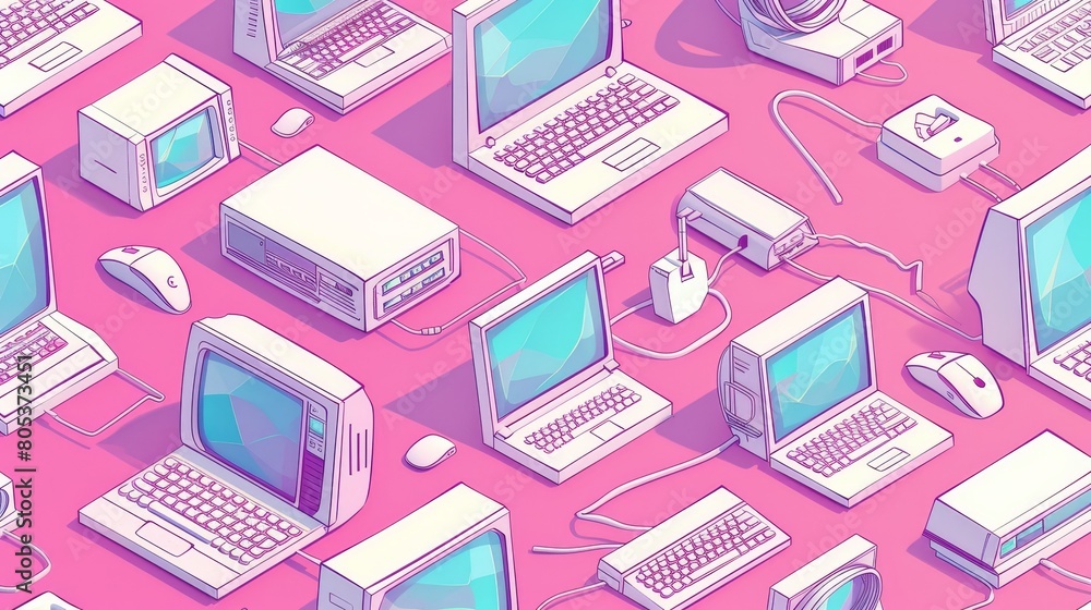 Poster isometric pattern with laptops and vintage computers on a pink background. website design layout wit