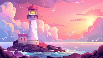 Lighthouse at rocky coastline under pink sky with gulls on early morning seashore, marine sailing light, cartoon modern illustration. Seafarer on rocky coast with gulls. Marine sailing light.