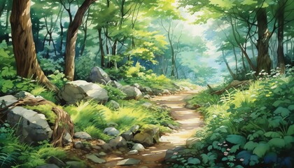 Ethereal image of a verdant path winding through an arcane woodland, emphasizing themes of mystery and exploration, ideal for adventure novels and ecotourism brochures