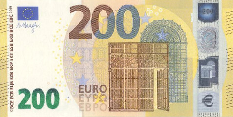 Vector obverse of high polygonal pixel mosaic 200 euro European Union banknote. Front side. Flyer or game money.