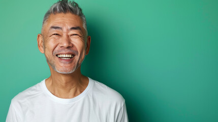 Fototapeta premium A man with a white shirt and gray hair is smiling and looking at the camera
